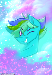 Size: 838x1204 | Tagged: safe, artist:janeblood969, oc, oc:chilly tunes, community related, looking at you, male, one eye closed, smiling, smiling at you, stallion, wink, winking at you