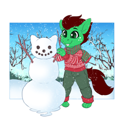 Size: 4000x4000 | Tagged: safe, artist:minettefraise, oc, oc only, oc:northern haste, anthro, clothes, commission, scarf, snow, snowfall, snowman, snowmare, solo, tree, winter, ych result
