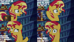 Size: 1280x720 | Tagged: safe, edit, edited screencap, editor:quoterific, screencap, sunset shimmer, pony, unicorn, equestria girls, equestria girls specials, g4, mirror magic, bag, female, library, mare, open mouth, open smile, saddle bag, smiling, solo, twilight's castle, twilight's castle library