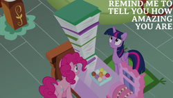 Size: 1280x720 | Tagged: safe, edit, edited screencap, editor:quoterific, screencap, pinkie pie, twilight sparkle, alicorn, earth pony, pony, a flurry of emotions, g4, season 7, female, mare, smiling, sugarcube corner, twilight sparkle (alicorn)