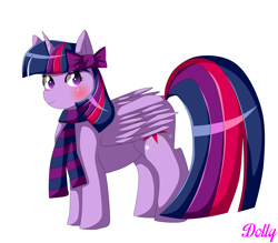 Size: 5700x5000 | Tagged: safe, artist:dollybrownpigtails, twilight sparkle, alicorn, pony, g4, blushing, bow, clothes, female, hair bow, mare, scarf, signature, simple background, smiling, solo, striped scarf, twilight sparkle (alicorn), white background