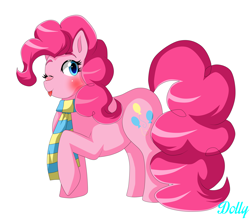 Size: 5700x5000 | Tagged: safe, artist:dollybrownpigtails, pinkie pie, earth pony, pony, g4, blushing, clothes, eyelashes, female, mare, one eye closed, scarf, simple background, solo, striped scarf, tongue out, white background, wink