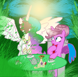 Size: 559x550 | Tagged: safe, artist:gihhbloonde, princess celestia, oc, oc only, oc:music melody, alicorn, pony, alicorn oc, base used, duo, eyelashes, female, food, hoof shoes, horn, jewelry, mare, outdoors, peytral, smiling, tea, teapot, tiara, wings