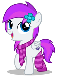 Size: 2470x3330 | Tagged: safe, artist:strategypony, oc, oc only, oc:lavanda, pegasus, pony, clothes, cute, female, filly, flower, flower in hair, high res, looking up, ocbetes, pegasus oc, scarf, simple background, socks, striped scarf, striped socks, transparent background, walking