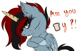 Size: 2766x1839 | Tagged: safe, artist:beamybutt, oc, oc only, alicorn, pony, alicorn oc, bread, bust, colored wings, ear fluff, eyelashes, female, food, horn, mare, simple background, smiling, smirk, talking, transparent background, two toned wings, wings