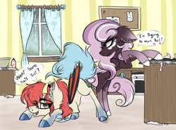 Size: 4213x3115 | Tagged: safe, artist:beamybutt, oc, oc only, bat pony, pony, bat pony oc, bat wings, dialogue, duo, ear fluff, eyelashes, face down ass up, female, hoof polish, indoors, kitchen, male, mare, stallion, wings