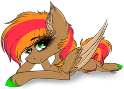 Size: 3262x2338 | Tagged: safe, artist:beamybutt, oc, oc only, pegasus, pony, colored wings, ear fluff, eyelashes, female, high res, lying down, mare, pegasus oc, prone, simple background, transparent background, two toned wings, unshorn fetlocks, wings
