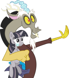 Size: 2657x3000 | Tagged: safe, artist:frownfactory, artist:wardex101, edit, discord, twilight sparkle, draconequus, pony, unicorn, g4, the return of harmony, crying, discorded, discorded twilight, duo, ear fluff, female, frown, gritted teeth, high res, holding a pony, horn, male, mare, simple background, smiling, tail, toy story, transparent background, twilight tragedy, unicorn twilight, vector, wings, x x everywhere