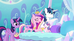 Size: 1920x1078 | Tagged: safe, screencap, princess cadance, princess flurry heart, shining armor, twilight sparkle, alicorn, pony, unicorn, g4, season 6, the crystalling, baby, baby pony, diaper, eyes closed, father and child, father and daughter, female, filly, foal, frown, husband and wife, male, mare, messy mane, mother and child, mother and daughter, open mouth, stallion, tired, twilight sparkle (alicorn)