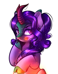 Size: 3500x4500 | Tagged: safe, artist:vetta, oc, oc only, kirin, candy, food, halloween, holiday, lollipop, not aria blaze, not starlight glimmer, raised hoof, simple background, smiling, solo, white background