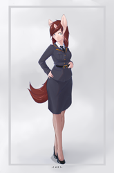 Size: 3587x5425 | Tagged: safe, artist:龙宠, oc, oc only, oc:stowe finberg, unicorn, anthro, absurd resolution, anthro oc, broken horn, clothes, female, high heels, horn, mare, military, military pony, military uniform, shoes, solo, uniform
