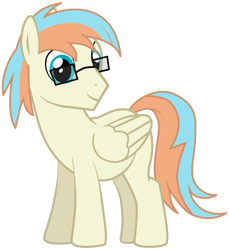 Size: 1100x1200 | Tagged: safe, artist:windy gleam, oc, oc only, pegasus, pony, 2022 community collab, derpibooru community collaboration, blue eyes, folded wings, full body, glasses, male, pegasus oc, show accurate, simple background, smiling, solo, stallion, standing, tail, transparent background, two toned mane, two toned tail, wings