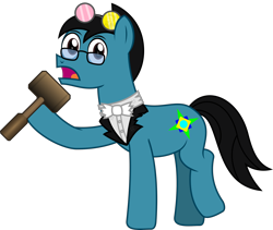Size: 2412x2039 | Tagged: safe, artist:sketchmcreations, derpibooru exclusive, oc, oc only, oc:sketch mythos, earth pony, pony, 2022 community collab, derpibooru community collaboration, bowtie, collar, deltarune, earth pony oc, frown, glasses, hammer, high res, hoof hold, looking at you, male, open mouth, raised hoof, raised leg, simple background, solo, spamton, stallion, sunglasses, transparent background, vector