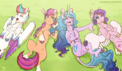 Size: 2300x1348 | Tagged: safe, artist:inuhoshi-to-darkpen, izzy moonbow, pipp petals, sunny starscout, zipp storm, earth pony, pegasus, pony, unicorn, g5, my little pony: a new generation, chest fluff, comfy, ear fluff, eyes closed, folded wings, frog (hoof), grass, grass field, leg fluff, leonine tail, lying down, on back, open mouth, pointing, spread wings, sunglasses, tail, underhoof, wings, yawn