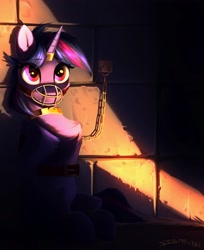 Size: 2200x2700 | Tagged: safe, artist:shido-tara, twilight sparkle, alicorn, pony, g4, chains, cuffs, eye clipping through hair, eyebrows, eyebrows visible through hair, female, gag, high res, magic suppression, mare, muzzle, muzzle gag, prisoner, sitting, solo, twilight sparkle (alicorn)