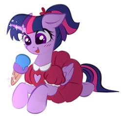 Size: 2071x1961 | Tagged: safe, artist:vetta, twilight sparkle, alicorn, pony, g4, alternate hairstyle, blushing, clothes, cute, dress, female, food, glowing, glowing horn, happy, heart, horn, ice cream, ice cream cone, lying down, mare, ponytail, simple background, smiling, solo, sweet dreams fuel, twiabetes, twilight sparkle (alicorn), white background