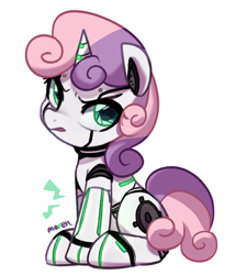 Size: 1452x1697 | Tagged: safe, artist:maren, sweetie belle, pony, robot, robot pony, unicorn, g4, angry, cute, diasweetes, female, looking at you, simple background, sitting, solo, sweetie bot, white background