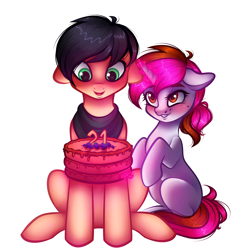 Size: 4000x4000 | Tagged: safe, artist:vetta, oc, oc:kosh, oc:vetta, earth pony, pony, unicorn, 21, berry, birthday cake, cake, food, mole