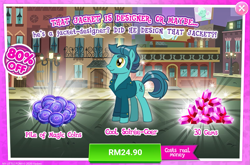 Size: 1035x684 | Tagged: safe, gameloft, prim trim, pony, g4, my little pony: magic princess, advertisement, clothes, cool, costs real money, eyebrows, gem, introduction card, jacket