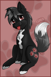 Size: 2499x3736 | Tagged: safe, artist:nuumia, oc, oc only, oc:dog whisperer, pony, unicorn, :p, abstract background, black fur, brown eyes, chest fluff, cute, ear fluff, fluffy tail, fox tail, gray mane, high res, hooves, horn, looking at you, male, signature, sitting, solo, stallion, tail, tail fluff, three quarter view, tongue out, unshorn fetlocks, white fur