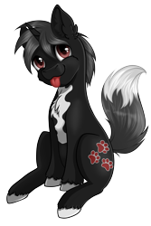 Size: 2499x3736 | Tagged: safe, artist:nuumia, oc, oc only, oc:dog whisperer, pony, unicorn, 2022 community collab, derpibooru community collaboration, :p, black fur, brown eyes, chest fluff, cute, ear fluff, fluffy tail, fox tail, gray mane, high res, hooves, horn, looking at you, male, simple background, sitting, solo, stallion, tail, tail fluff, three quarter view, tongue out, transparent background, unshorn fetlocks, white fur