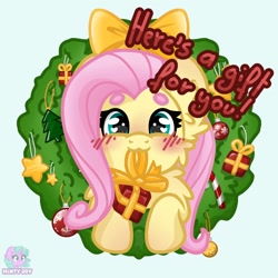 Size: 1280x1280 | Tagged: safe, artist:minty joy, fluttershy, pegasus, pony, g4, blue eyes, blush sticker, blushing, bow, candy, candy cane, cheek fluff, chest fluff, christmas, christmas tree, christmas wreath, cute, ear fluff, female, food, gift wrapped, heart eyes, holiday, mare, present, simple background, smiling, solo, sparkles, starry eyes, stars, text, tree, wingding eyes, wreath, ych example, your character here