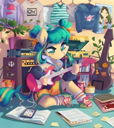 Size: 3678x4096 | Tagged: safe, artist:saxopi, oc, oc only, semi-anthro, arm hooves, book, clothes, coca-cola, cup noodles, electric guitar, guitar, guitar case, headphones, hoodie, motorino, musical instrument, plant pot, record, record player, sheet music, shirt, solo, speaker, thrasher
