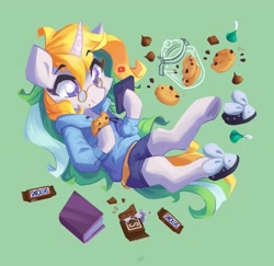 Size: 4096x3983 | Tagged: safe, artist:saxopi, oc, oc only, unicorn, semi-anthro, arm hooves, book, clothes, cookie, eating, food, snickers, solo