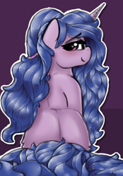 Size: 1362x1960 | Tagged: safe, artist:llametsul, izzy moonbow, pony, unicorn, g5, my little pony: a new generation, butt, colored, explicit source, eyebrows, eyebrows visible through hair, eyeshadow, female, fluffy, izzy moonbutt, looking at you, looking back, looking back at you, makeup, mare, rear view, smiling, smiling at you, solo, tail