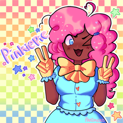 Size: 1280x1280 | Tagged: safe, artist:panimeko, pinkie pie, human, g4, bowtie, clothes, cute, dark skin, diapinkes, dress, female, gloves, humanized, one eye closed, open mouth, solo, wink