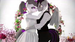 Size: 4096x2304 | Tagged: safe, artist:loveslove, oc, oc only, oc:hazel radiate, oc:skynight sleuth, pegasus, unicorn, anthro, 3d, anthro oc, bow, clothes, commission, commissioner:biohazard, dress, eyebrows, eyelashes, female, flower, hand behind back, hand on head, high res, highlights, horn, imminent kissing, intimate, looking at each other, looking at someone, male, pegasus oc, ponytail, purple eyes, romantic, simple background, source filmmaker, tail, tail bow, tuxedo, unicorn oc, wedding dress, wedding gown, white background, ych result