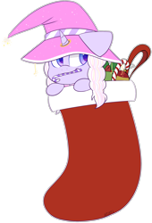 Size: 1868x2744 | Tagged: safe, artist:jetjetj, oc, oc only, oc:fullmoon bellring, pony, unicorn, candy, candy cane, christmas, christmas stocking, female, food, hat, holiday, mare, mouth hold, simple background, solo, transparent background, witch hat