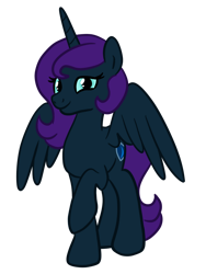 Size: 774x1032 | Tagged: safe, artist:sjart117, oc, oc only, oc:nyx, alicorn, pony, 2022 community collab, derpibooru community collaboration, alicorn oc, female, full body, horn, mare, permission given, purple mane, purple tail, raised hoof, simple background, smiling, solo, spread wings, standing, tail, transparent background, wings