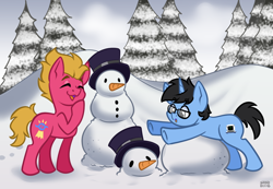 Size: 1248x864 | Tagged: safe, artist:sabrib, oc, oc only, oc:tinker doo, glasses, laughing, silly, snow, snowman, winter