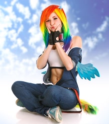 Size: 1080x1231 | Tagged: safe, artist:natsumipon, rainbow dash, human, g4, belly button, clothes, cosplay, costume, dashface, fingerless gloves, gloves, irl, irl human, photo, shoes, sitting, sneakers