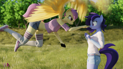 Size: 3840x2160 | Tagged: safe, artist:wintersarts, oc, oc only, oc:raven storm, oc:violet heart, earth pony, pegasus, anthro, plantigrade anthro, 3d, 4k, blender, blender cycles, boop, clothes, duo, duo female, earth pony oc, female, flying, high res, outdoors, pegasus oc, phone