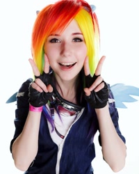 Size: 1080x1350 | Tagged: safe, artist:natsumipon, rainbow dash, human, g4, clothes, cosplay, costume, double peace sign, fingerless gloves, gloves, irl, irl human, peace sign, photo, simple background, white background