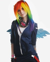 Size: 1080x1350 | Tagged: safe, artist:natsumipon, rainbow dash, human, g4, clothes, cosplay, costume, irl, irl human, photo, simple background, white background