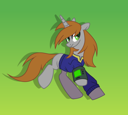 Size: 1000x900 | Tagged: safe, artist:hoorncorn, oc, oc only, oc:littlepip, pony, unicorn, fallout equestria, clothes, female, gradient background, horn, mare, pipbuck, running, solo, unicorn oc