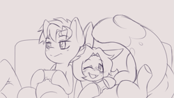 Size: 731x414 | Tagged: safe, oc, oc only, oc:cinnamon fawn, oc:sovereign ashes, chinchilla, earth pony, hybrid, pony, blushing, controller, couch, couple, female, freckles, gaming, male, mare, one eye closed, ponysona, sketch, smiling, stallion, wink, wip