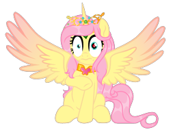 Size: 1587x1204 | Tagged: safe, artist:vi45, fluttershy, oc, oc only, oc:princess fluttershy, alicorn, pony, 2022 community collab, au:friendship is kindness, derpibooru community collaboration, g4, interseason shorts, teacher of the month (episode), alicorn oc, alicornified, alternate design, alternate hairstyle, alternate universe, colored wings, commission, element of kindness, horn, jewelry, my eyes, race swap, simple background, solo, tiara, transparent background, two toned wings, wings, wtf face, ych result