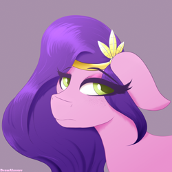 Size: 2480x2480 | Tagged: safe, artist:drawalaverr, pipp petals, pegasus, pony, g5, my little pony: a new generation, spoiler:my little pony: a new generation, adorapipp, bust, crown, cute, eye clipping through hair, eyeshadow, fanart, female, floppy ears, high res, jewelry, makeup, mare, offscreen character, portrait, quadrupedal, regalia, simple background, solo