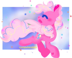 Size: 1203x965 | Tagged: safe, artist:cutiesparke, pinkie pie, pegasus, pony, alternate cutie mark, confetti, female, happy, hoof heart, mare, open mouth, pegasus pinkie pie, prancing, race swap, redesign, simple background, smiling, solo, spread wings, stars, trotting, wings