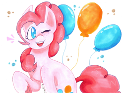 Size: 2836x2138 | Tagged: safe, artist:timeblitz, pinkie pie, earth pony, pony, g4, balloon, female, high res, one eye closed, raised hoof, simple background, solo, traditional art, white background, wink