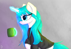 Size: 1280x883 | Tagged: safe, artist:3naa, oc, oc only, pony, unicorn, clothes, coffee, female, glowing, glowing horn, horn, magic, solo, telekinesis, tired, unicorn oc