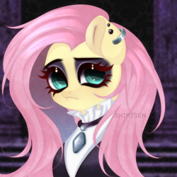 Size: 1800x1800 | Tagged: safe, artist:shimisen, fluttershy, pegasus, pony, g4, bust, clothes, ear piercing, earring, female, fluttergoth, goth, jewelry, piercing, solo