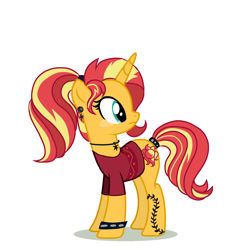 Size: 4000x4000 | Tagged: safe, artist:ginmay, sunset shimmer, pony, unicorn, g4, alternate hairstyle, clothes, ear piercing, earring, female, jewelry, necklace, piercing, ponytail, shirt, simple background, solo, spiked wristband, t-shirt, tattoo, white background, wristband