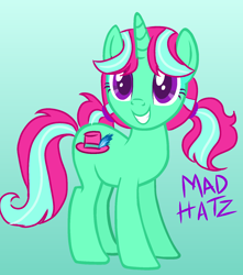 Size: 1500x1700 | Tagged: safe, artist:ginmay, oc, oc only, oc:mad hatz, pony, unicorn, female, full body, gradient background, grin, hair tie, horn, mare, pigtails, purple eyes, show accurate, smiling, solo, standing, tail, two toned mane, two toned tail, unicorn oc