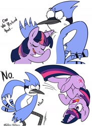 Size: 1280x1752 | Tagged: safe, artist:zobiez, twilight sparkle, bird, blue jay, pony, unicorn, g4, abuse, crossover, crossover shipping, eyes closed, female, male, mare, mordecai, mordetwi, no, regular show, shipping denied, signature, smack, straight, twilybuse, yeet