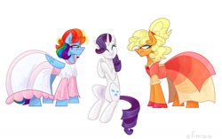 Size: 1280x805 | Tagged: safe, artist:efimza, applejack, rainbow dash, rarity, earth pony, pegasus, pony, unicorn, g4, and then there's rarity, applejack also dresses in style, applejack is not amused, clothes, dress, eyes closed, female, makeup, puffy sleeves, rainbow dash always dresses in style, rainbow dash is not amused, simple background, trio, unamused, white background